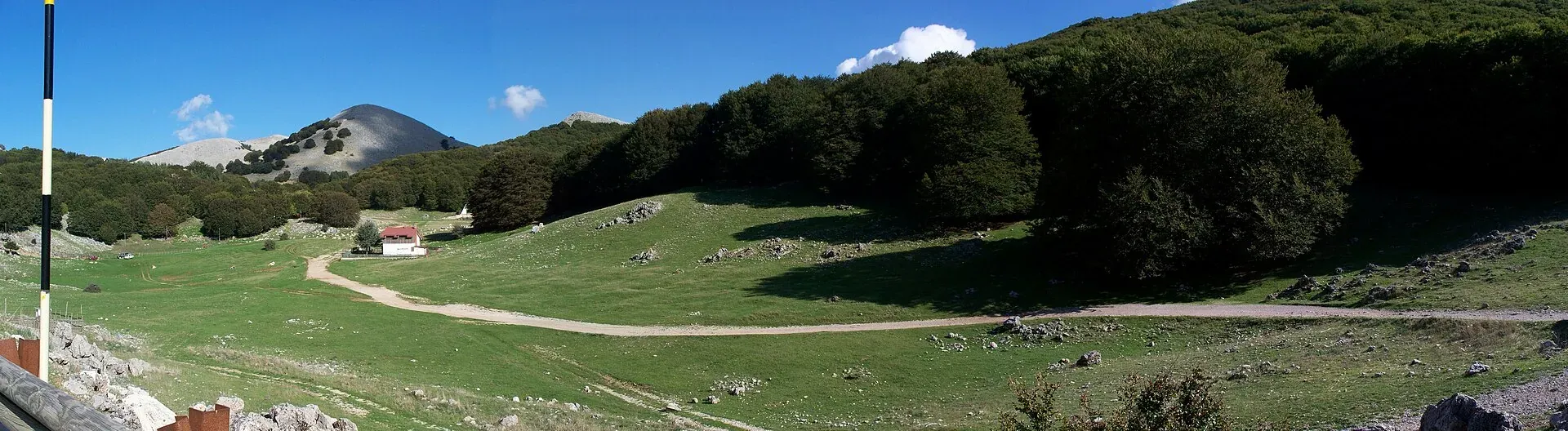 I prati di Piano Battaglia con una pista sterrata e il bosco di faggi sotto il cielo azzurro