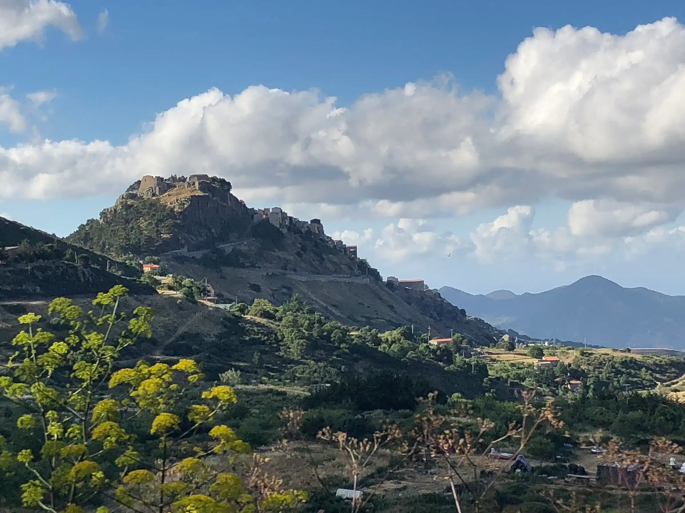 La rocca di Geraci Siculo con i ruderi del castello, vista tra le ferule in fiore e le colline