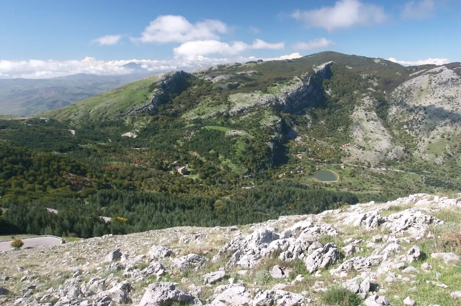 Rocce calcaree e prati sulla salita da Piano Battaglia a Pizzo Carbonara, con il bosco e un laghetto nella valle
