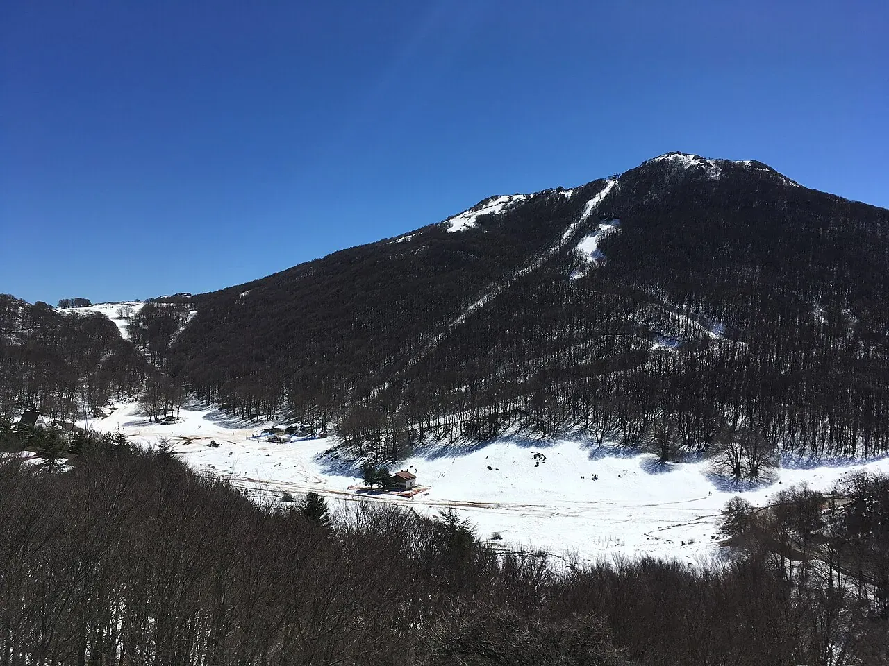 Il Monte Mufara con le piste innevate tra i faggi, sopra il pianoro bianco di Piano Battaglia
